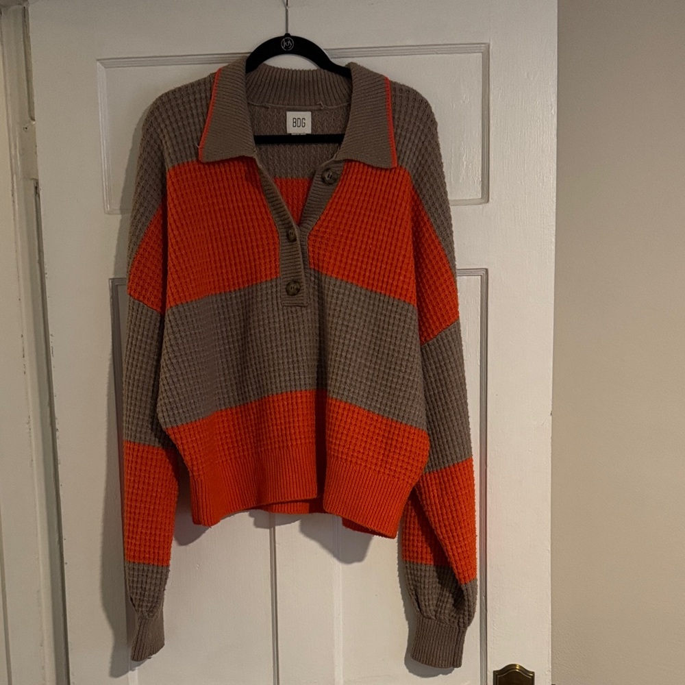BDG Oversized V-Neck Collared Sweater in Orange and Taupe